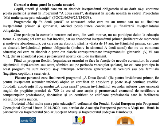 cursuri a doua sansa in scoala noastra